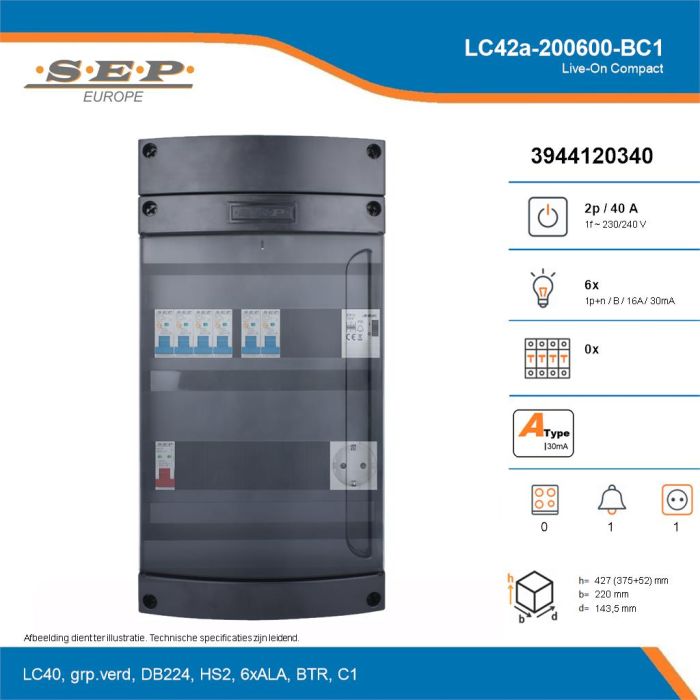 SEP Live-On Compact, LC42a-200600-BC1, 40A, 1-fase groepenkast, 6-lichtgroepen, 1-beltrafo,  1V-contactdoos, technische details
