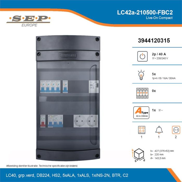 SEP Live-On Compact, LC42a-210500-FBC2, 40A, 1-fase groepenkast, 5-lichtgroepen, 1-fornuisgroep, 1-beltrafo,  2V-contactdoos, technische details