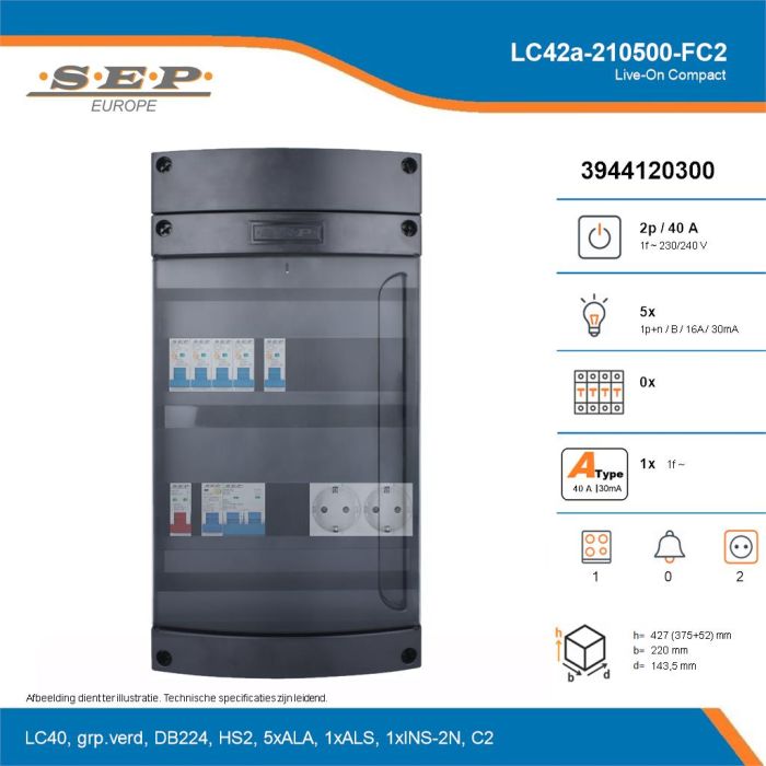 SEP Live-On Compact, LC42a-210500-FC2, 40A, 1-fase groepenkast, 5-lichtgroepen, 1-fornuisgroep,  2V-contactdoos, technische details