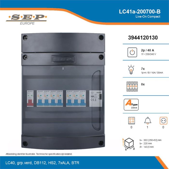 SEP Live-On Compact, LC41a-200700-B, 40A, 1-fase groepenkast, 7-lichtgroepen, 1-beltrafo, technische details