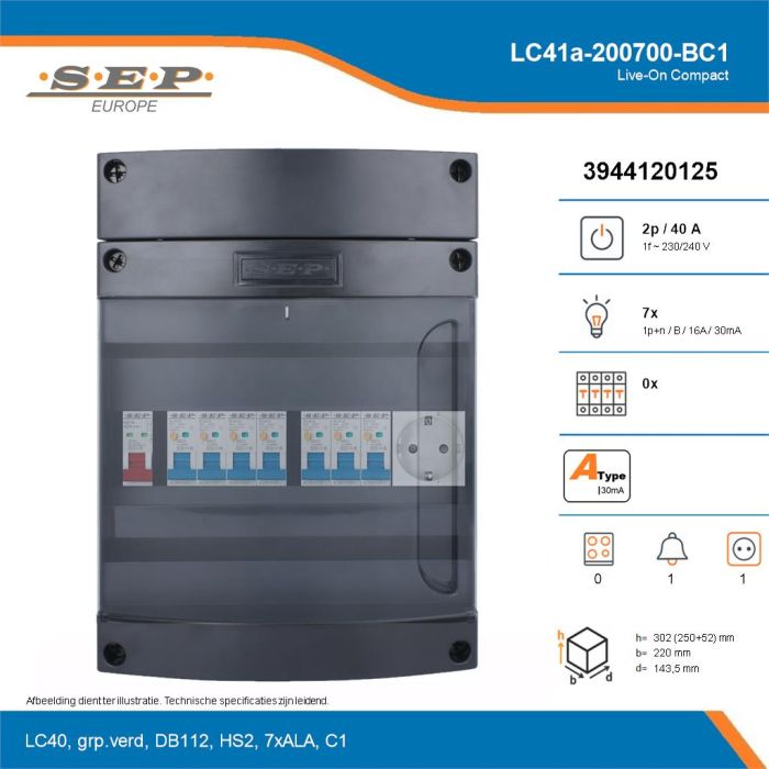 SEP Live-On Compact, LC41a-200700-BC1, 40A, 1-fase groepenkast, 7-lichtgroepen, 1-beltrafo,  1V-contactdoos, technische details