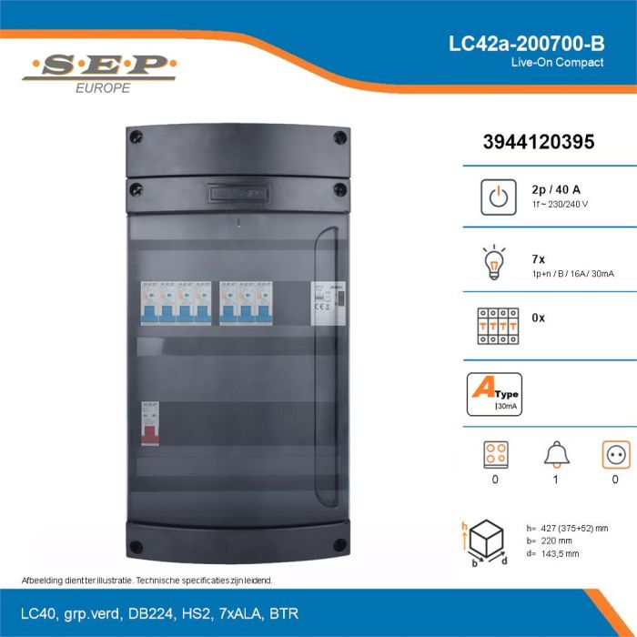 SEP Live-On Compact, LC42a-200700-B, 40A, 1-fase groepenkast, 7-lichtgroepen, 1-beltrafo, technische details