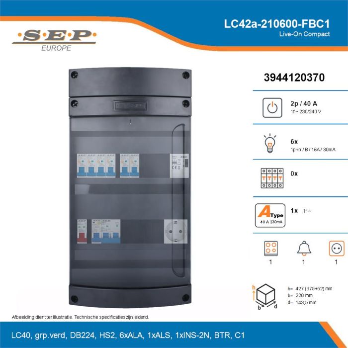 SEP Live-On Compact, LC42a-210600-FBC1, 40A, 1-fase groepenkast, 6-lichtgroepen, 1-fornuisgroep, 1-beltrafo,  1V-contactdoos, technische details