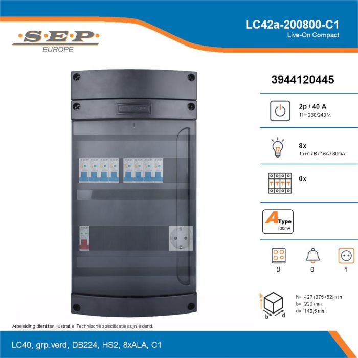 SEP Live-On Compact, LC42a-200800-C1, 40A, 1-fase groepenkast, 8-lichtgroepen,  1V-contactdoos, technische details
