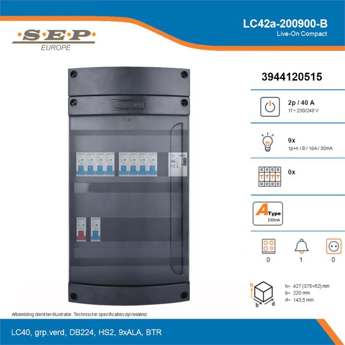 SEP Live-On Compact, LC42a-200900-B, 40A, 1-fase groepenkast, 9-lichtgroepen, 1-beltrafo, technische details
