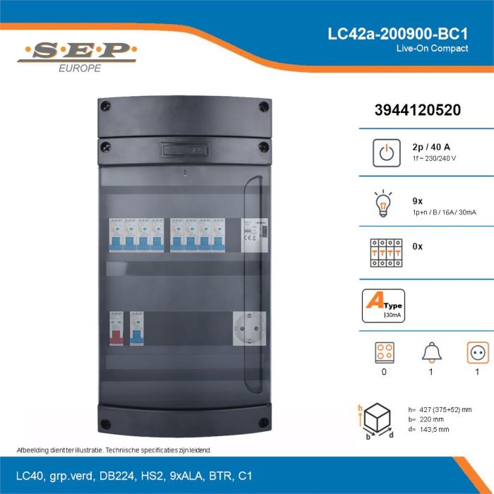 SEP Live-On Compact, LC42a-200900-BC1, 40A, 1-fase groepenkast, 9-lichtgroepen, 1-beltrafo,  1V-contactdoos, technische details