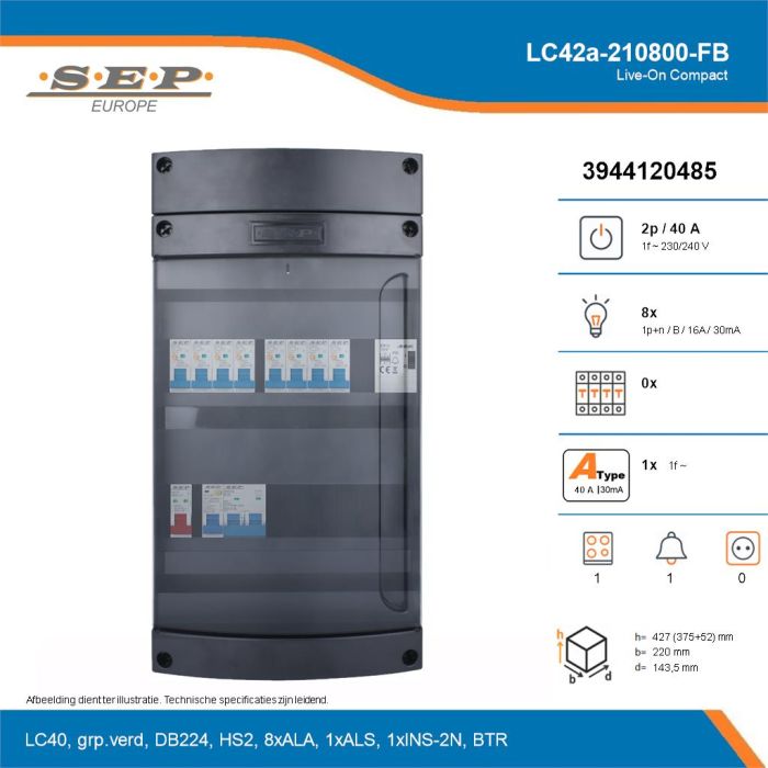 SEP Live-On Compact, LC42a-210800-FB, 40A, 1-fase groepenkast, 8-lichtgroepen, 1-fornuisgroep, 1-beltrafo, technische details