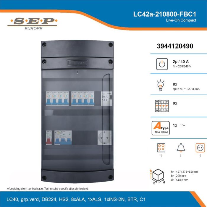 SEP Live-On Compact, LC42a-210800-FBC1, 40A, 1-fase groepenkast, 8-lichtgroepen, 1-fornuisgroep, 1-beltrafo,  1V-contactdoos, technische details
