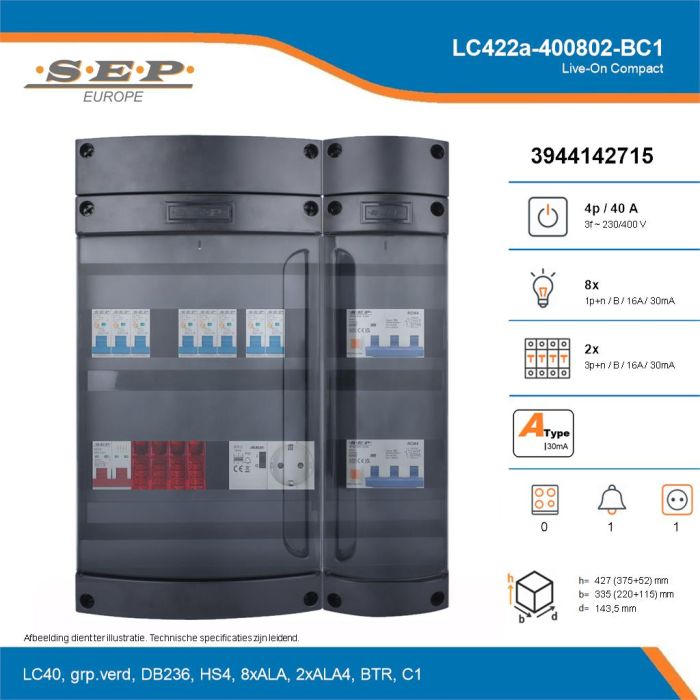 SEP Live-On Compact, LC422a-400802-BC1, 40A, 3-fase groepenkast, 8-lichtgroepen, 2-krachtgroepen, 1-beltrafo,  1V-contactdoos, technische details