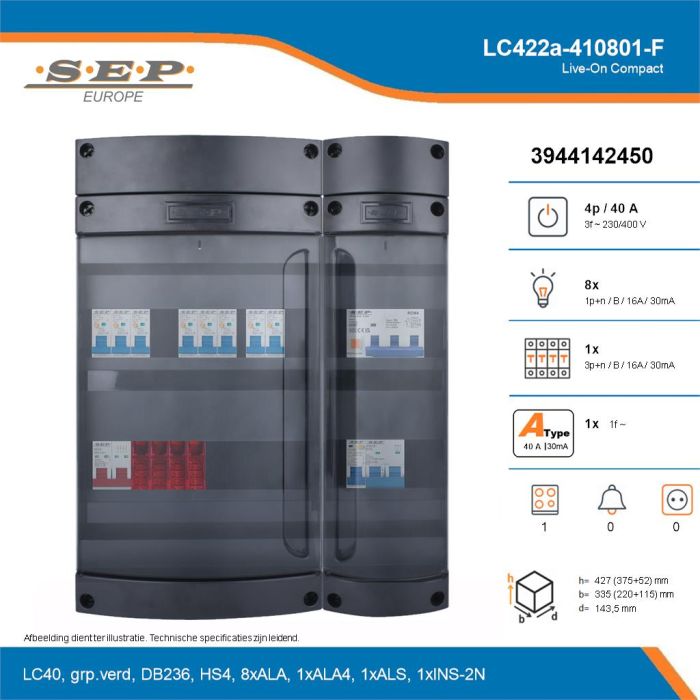 SEP Live-On Compact, LC422a-410801-F, 40A, 3-fase groepenkast, 8-lichtgroepen, 1-krachtgroepen, 1-fornuisgroep, technische details