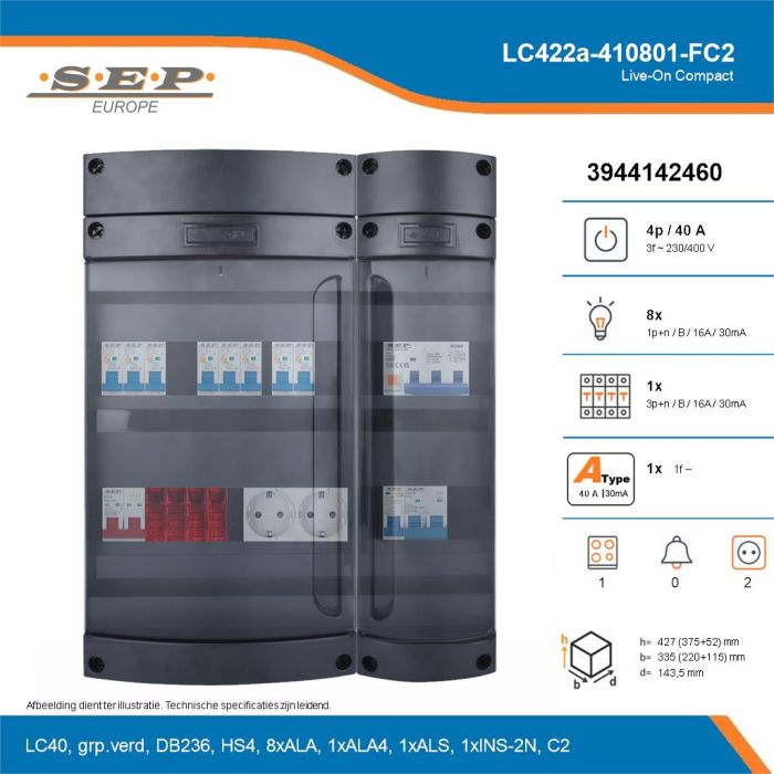 SEP Live-On Compact, LC422a-410801-FC2, 40A, 3-fase groepenkast, 8-lichtgroepen, 1-krachtgroepen, 1-fornuisgroep,  2V-contactdoos, technische details