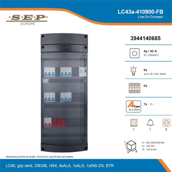 SEP Live-On Compact, LC43a-410900-FB, 40A, 3-fase groepenkast, 9-lichtgroepen, 1-fornuisgroep, 1-beltrafo, technische details