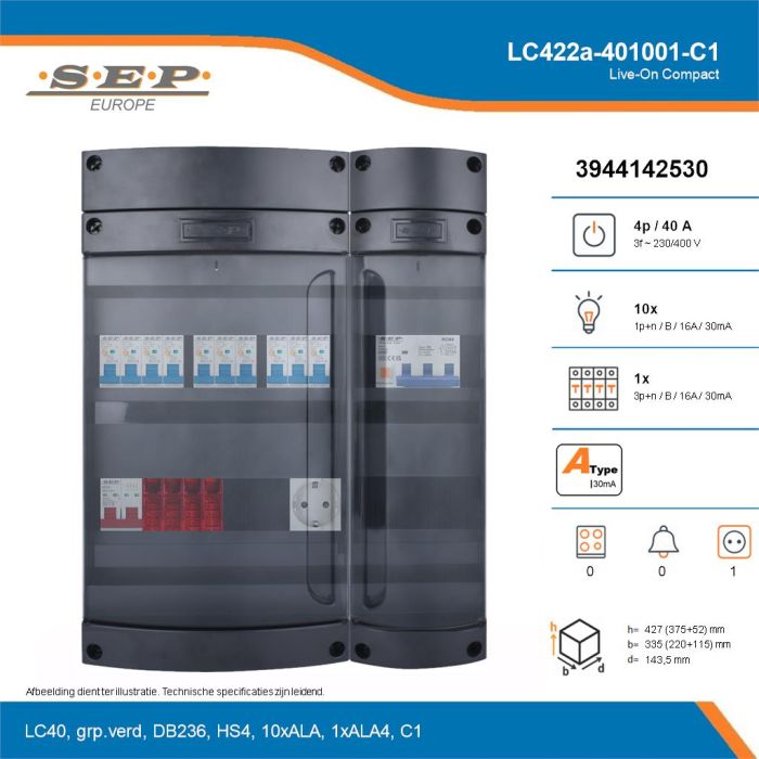 SEP Live-On Compact, LC422a-401001-C1, 40A, 3-fase groepenkast, 10-lichtgroepen, 1-krachtgroepen,  1V-contactdoos, technische details