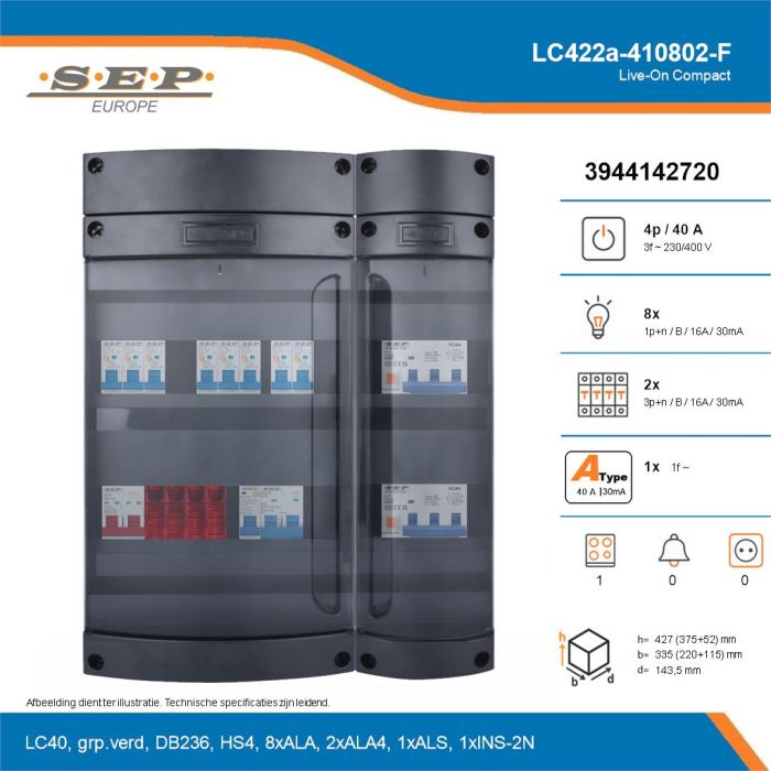 SEP Live-On Compact, LC422a-410802-F, 40A, 3-fase groepenkast, 8-lichtgroepen, 2-krachtgroepen, 1-fornuisgroep, technische details