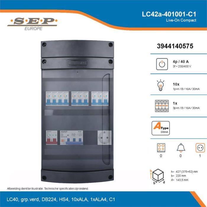 SEP Live-On Compact, LC42a-401001-C1, 40A, 3-fase groepenkast, 10-lichtgroepen, 1-krachtgroepen,  1V-contactdoos, technische details