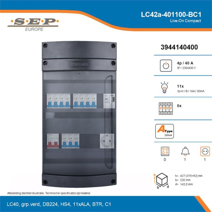 SEP Live-On Compact, LC42a-401100-BC1, 40A, 3-fase groepenkast, 11-lichtgroepen, 1-beltrafo,  1V-contactdoos, technische details