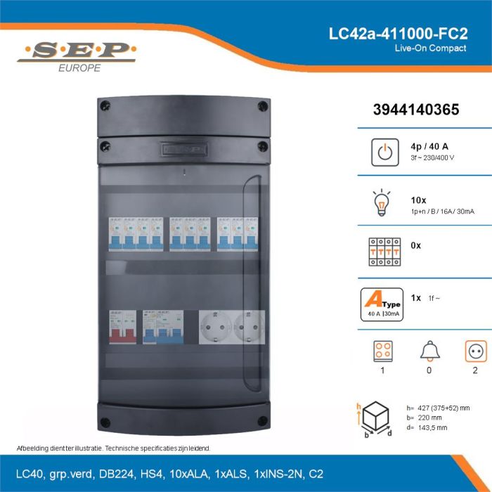 SEP Live-On Compact, LC42a-411000-FC2, 40A, 3-fase groepenkast, 10-lichtgroepen, 1-fornuisgroep,  2V-contactdoos, technische details