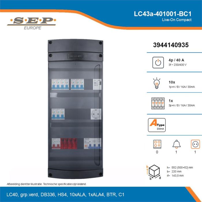 SEP Live-On Compact, LC43a-401001-BC1, 40A, 3-fase groepenkast, 10-lichtgroepen, 1-krachtgroepen, 1-beltrafo,  1V-contactdoos, technische details