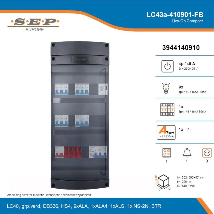 SEP Live-On Compact, LC43a-410901-FB, 40A, 3-fase groepenkast, 9-lichtgroepen, 1-krachtgroepen, 1-fornuisgroep, 1-beltrafo, technische details