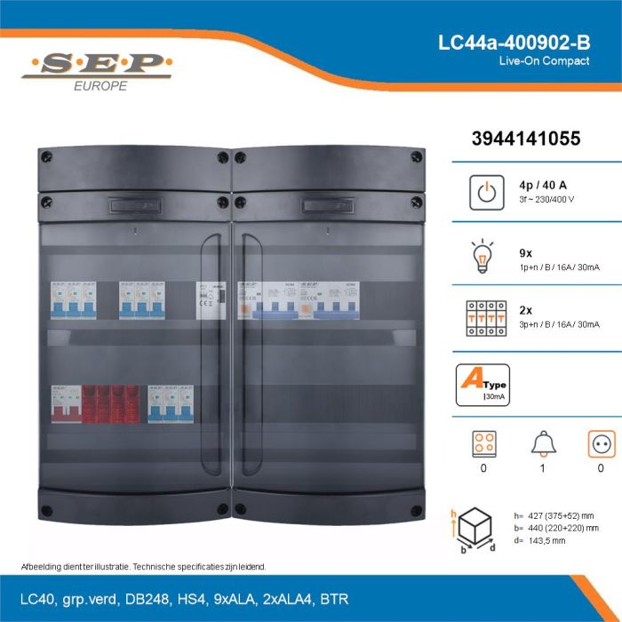 SEP Live-On Compact, LC44a-400902-B, 40A, 3-fase groepenkast, 9-lichtgroepen, 2-krachtgroepen, 1-beltrafo, technische details