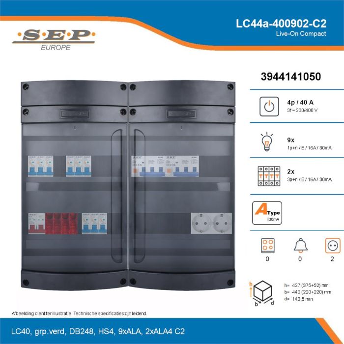 SEP Live-On Compact, LC44a-400902-C2, 40A, 3-fase groepenkast, 9-lichtgroepen, 2-krachtgroepen,  2V-contactdoos, technische details