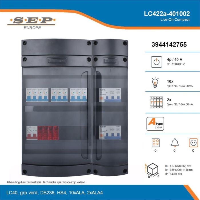 SEP Live-On Compact, LC422a-401002, 40A, 3-fase groepenkast, 10-lichtgroepen, 2-krachtgroepen, technische details