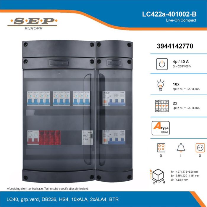 SEP Live-On Compact, LC422a-401002-B, 40A, 3-fase groepenkast, 10-lichtgroepen, 2-krachtgroepen, 1-beltrafo, technische details