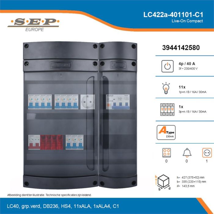 SEP Live-On Compact, LC422a-401101-C1, 40A, 3-fase groepenkast, 11-lichtgroepen, 1-krachtgroepen,  1V-contactdoos, technische details