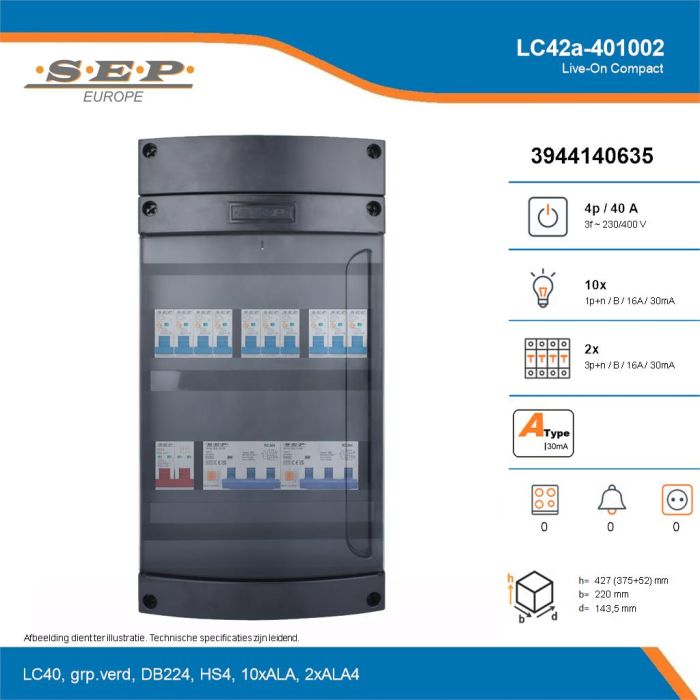 SEP Live-On Compact, LC42a-401002, 40A, 3-fase groepenkast, 10-lichtgroepen, 2-krachtgroepen, technische details