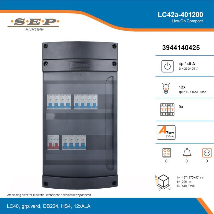 SEP Live-On Compact, LC42a-401200, 40A, 3-fase groepenkast, 12-lichtgroepen, technische details