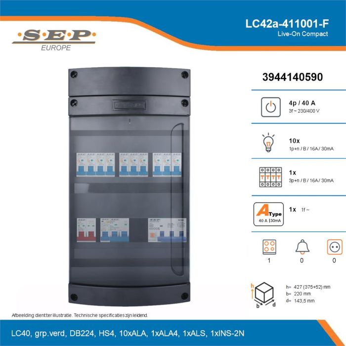 SEP Live-On Compact, LC42a-411001-F, 40A, 3-fase groepenkast, 10-lichtgroepen, 1-krachtgroepen, 1-fornuisgroep, technische details