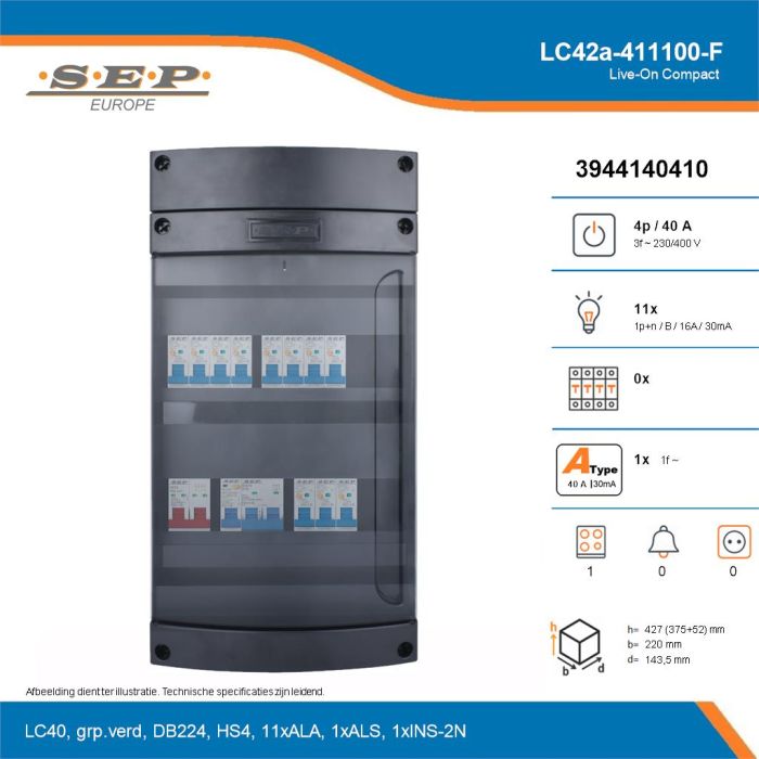 SEP Live-On Compact, LC42a-411100-F, 40A, 3-fase groepenkast, 11-lichtgroepen, 1-fornuisgroep, technische details