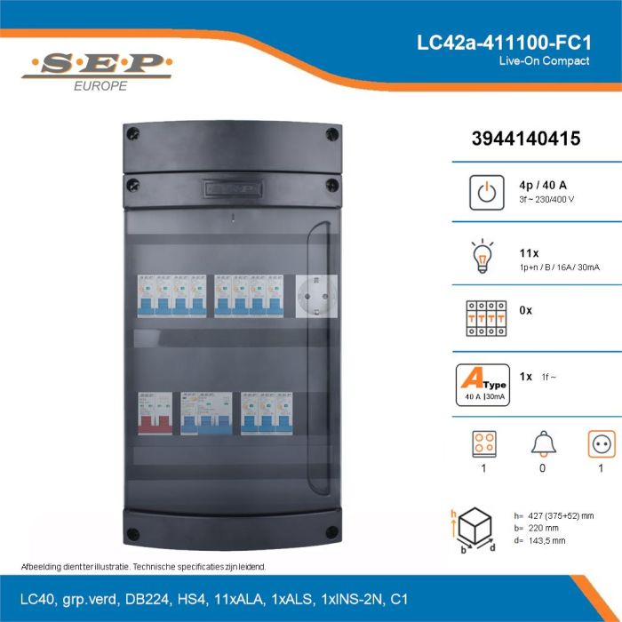SEP Live-On Compact, LC42a-411100-FC1, 40A, 3-fase groepenkast, 11-lichtgroepen, 1-fornuisgroep,  1V-contactdoos, technische details