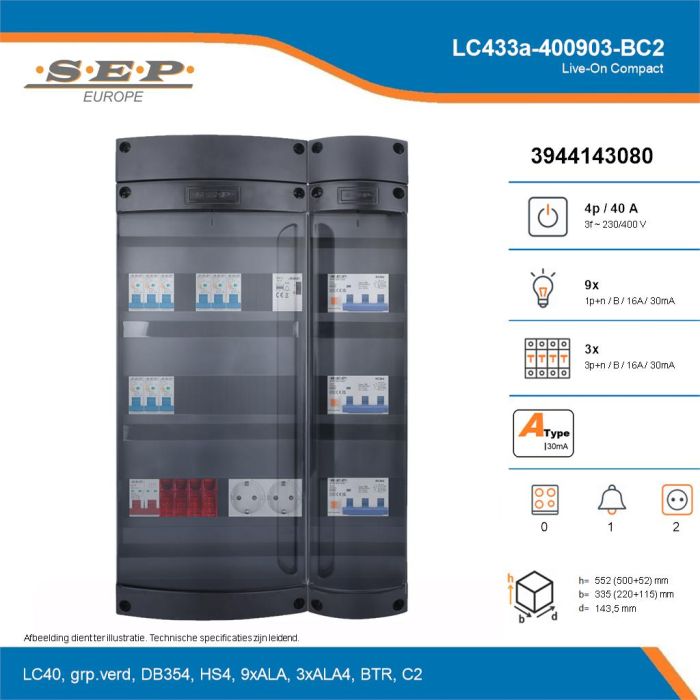 SEP Live-On Compact, LC433a-400903-BC2, 40A, 3-fase groepenkast, 9-lichtgroepen, 3-krachtgroepen, 1-beltrafo,  2V-contactdoos, technische details
