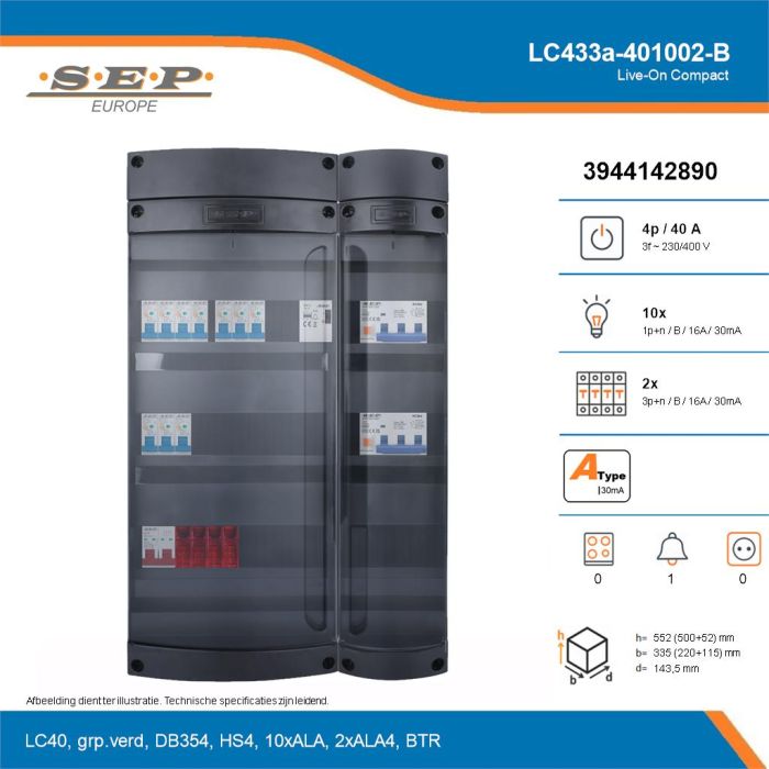 SEP Live-On Compact, LC433a-401002-B, 40A, 3-fase groepenkast, 10-lichtgroepen, 2-krachtgroepen, 1-beltrafo, technische details
