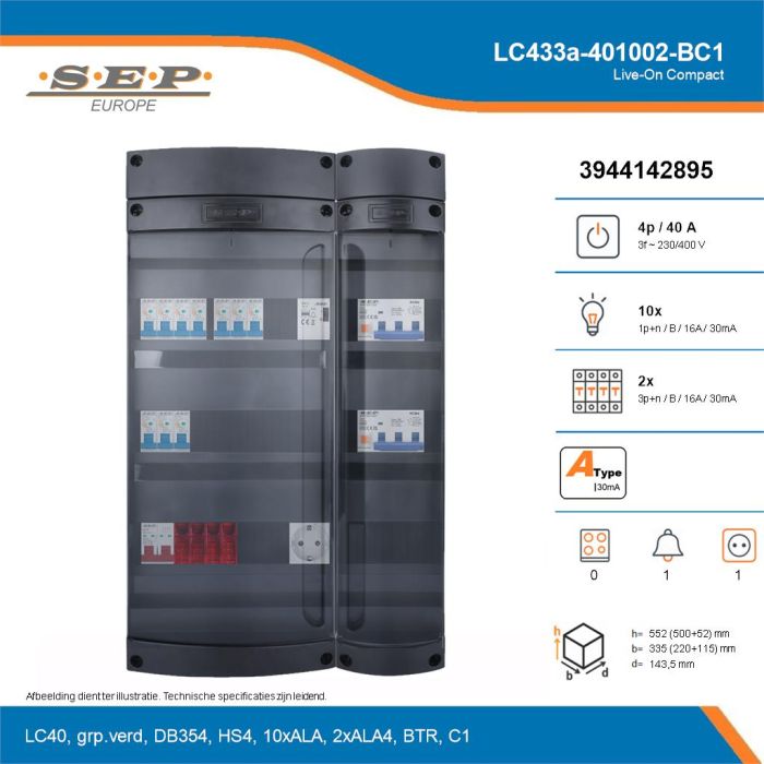 SEP Live-On Compact, LC433a-401002-BC1, 40A, 3-fase groepenkast, 10-lichtgroepen, 2-krachtgroepen, 1-beltrafo,  1V-contactdoos, technische details