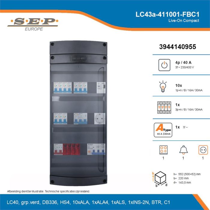 SEP Live-On Compact, LC43a-411001-FBC1, 40A, 3-fase groepenkast, 10-lichtgroepen, 1-krachtgroepen, 1-fornuisgroep, 1-beltrafo,  1V-contactdoos, technische details