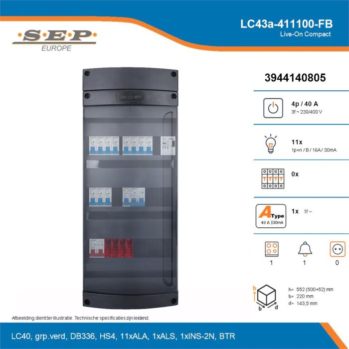 SEP Live-On Compact, LC43a-411100-FB, 40A, 3-fase groepenkast, 11-lichtgroepen, 1-fornuisgroep, 1-beltrafo, technische details