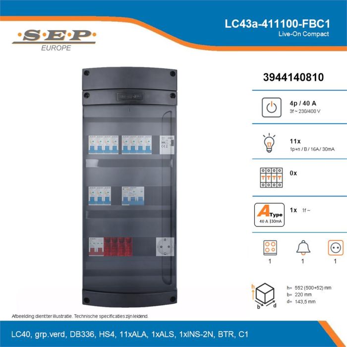 SEP Live-On Compact, LC43a-411100-FBC1, 40A, 3-fase groepenkast, 11-lichtgroepen, 1-fornuisgroep, 1-beltrafo,  1V-contactdoos, technische details