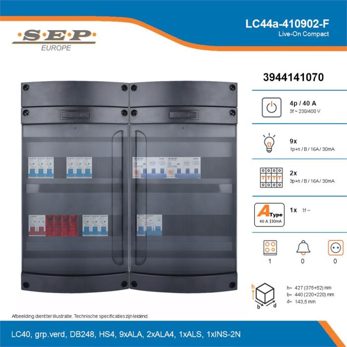 SEP Live-On Compact, LC44a-410902-F, 40A, 3-fase groepenkast, 9-lichtgroepen, 2-krachtgroepen, 1-fornuisgroep, technische details