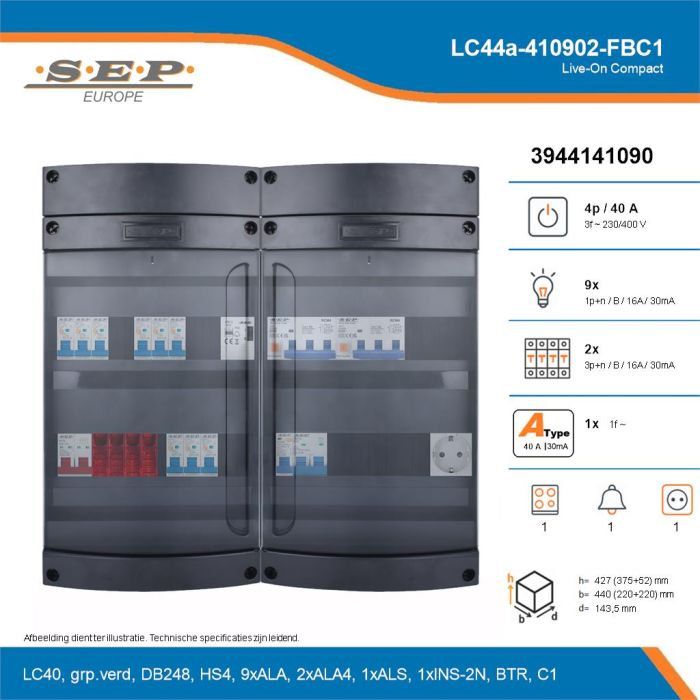 SEP Live-On Compact, LC44a-410902-FBC1, 40A, 3-fase groepenkast, 9-lichtgroepen, 2-krachtgroepen, 1-fornuisgroep, 1-beltrafo,  1V-contactdoos, technische details
