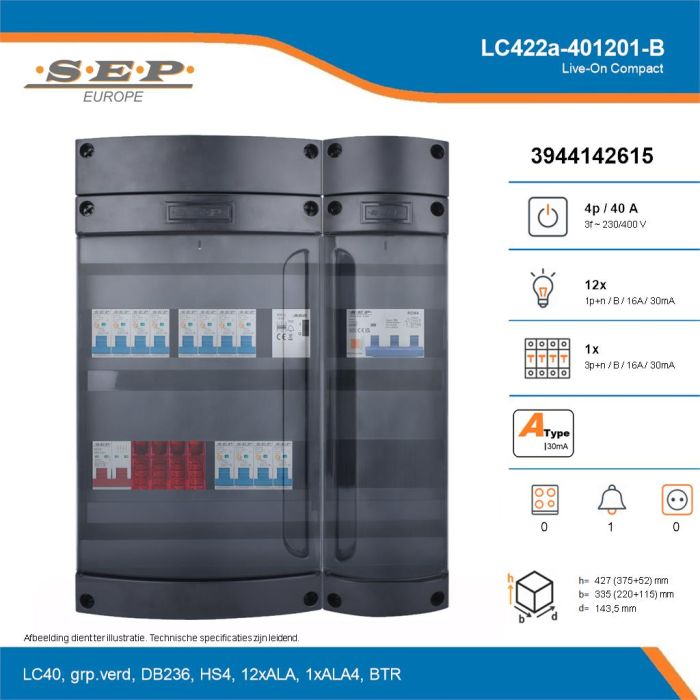 SEP Live-On Compact, LC422a-401201-B, 40A, 3-fase groepenkast, 12-lichtgroepen, 1-krachtgroepen, 1-beltrafo, technische details