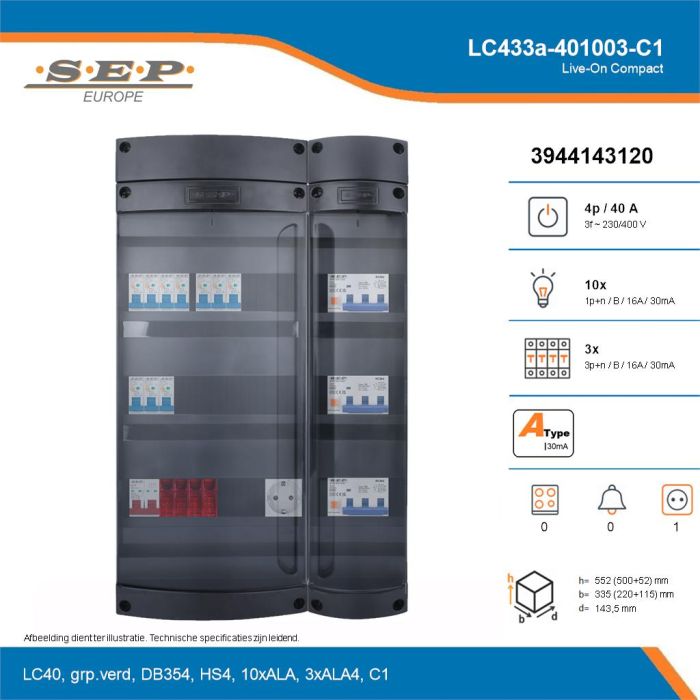 SEP Live-On Compact, LC433a-401003-C1, 40A, 3-fase groepenkast, 10-lichtgroepen, 3-krachtgroepen,  1V-contactdoos, technische details