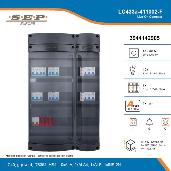 SEP Live-On Compact, LC433a-411002-F, 40A, 3-fase groepenkast, 10-lichtgroepen, 2-krachtgroepen, 1-fornuisgroep, technische details