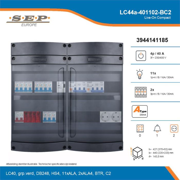 SEP Live-On Compact, LC44a-401102-BC2, 40A, 3-fase groepenkast, 11-lichtgroepen, 2-krachtgroepen, 1-beltrafo,  2V-contactdoos, technische details