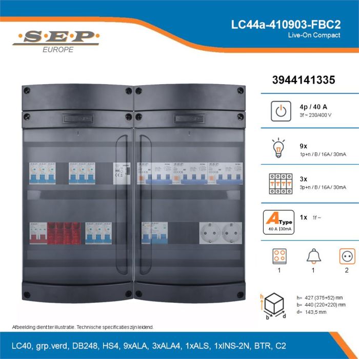 SEP Live-On Compact, LC44a-410903-FBC2, 40A, 3-fase groepenkast, 9-lichtgroepen, 3-krachtgroepen, 1-fornuisgroep, 1-beltrafo,  2V-contactdoos, technische details