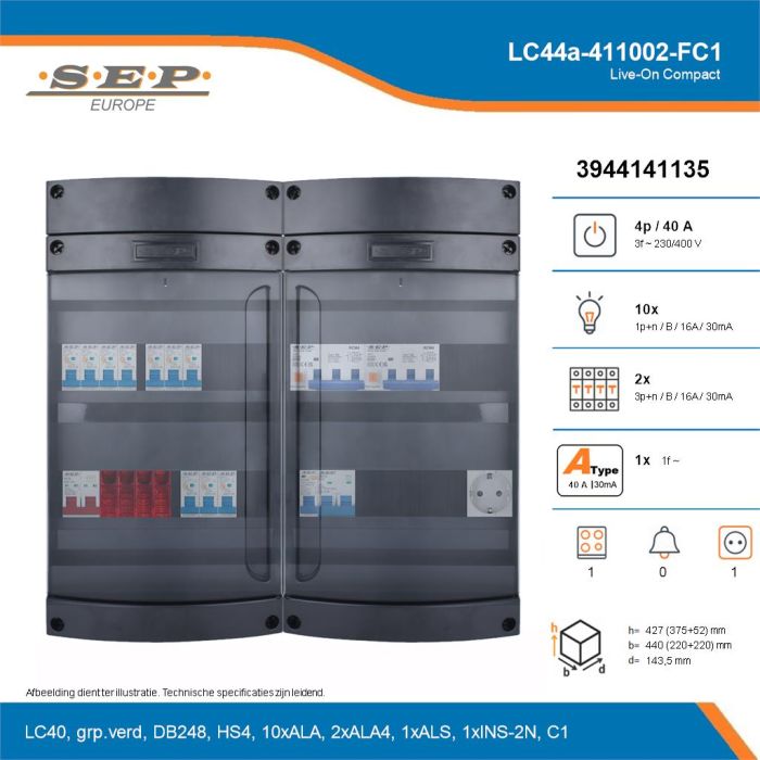 SEP Live-On Compact, LC44a-411002-FC1, 40A, 3-fase groepenkast, 10-lichtgroepen, 2-krachtgroepen, 1-fornuisgroep,  1V-contactdoos, technische details