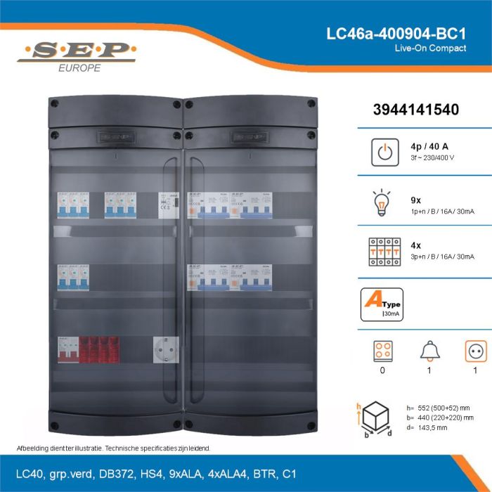 SEP Live-On Compact, LC46a-400904-BC1, 40A, 3-fase groepenkast, 9-lichtgroepen, 4-krachtgroepen, 1-beltrafo,  1V-contactdoos, technische details