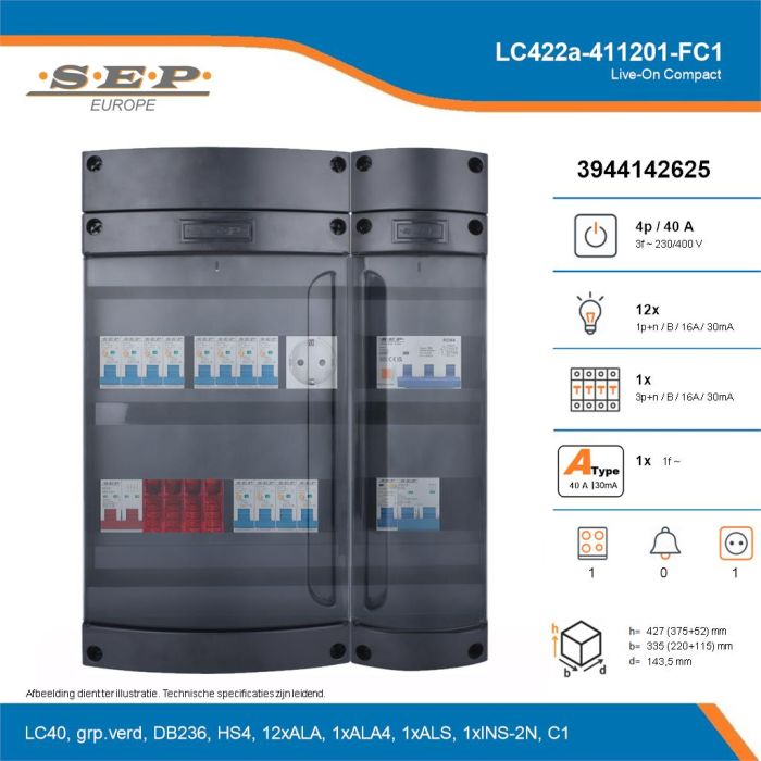 SEP Live-On Compact, LC422a-411201-FC1, 40A, 3-fase groepenkast, 12-lichtgroepen, 1-krachtgroepen, 1-fornuisgroep,  1V-contactdoos, technische details