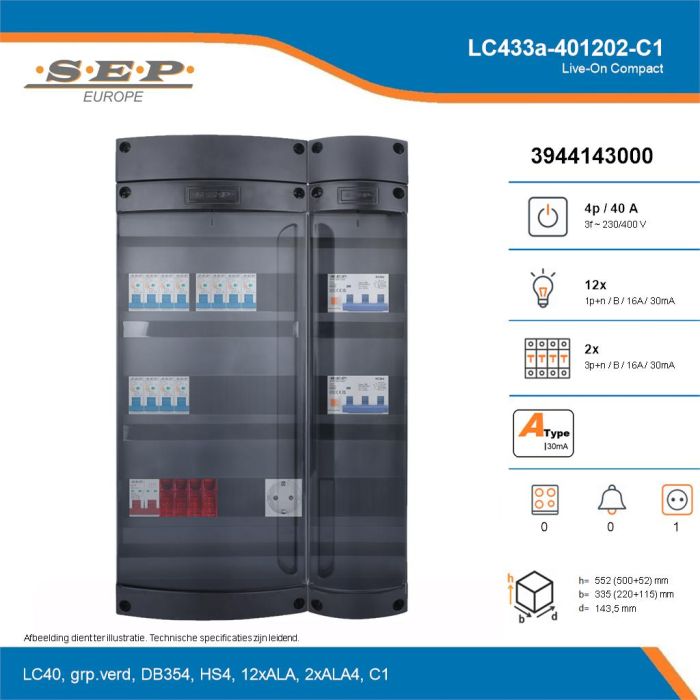SEP Live-On Compact, LC433a-401202-C1, 40A, 3-fase groepenkast, 12-lichtgroepen, 2-krachtgroepen,  1V-contactdoos, technische details